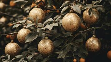 génératif ai, noël et Nouveau année des balles dans le sapin arbre branches, vacances concept, de fête hiver saison Contexte photo