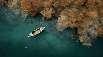 génératif ai, bateau à le calme Lac dans l'automne avec serein l'eau autour, tomber paysage photo