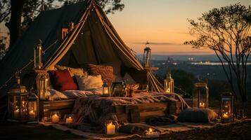 génératif ai, romantique camping avec lanterne lumières, oreillers, couverture. ville vue dans le soir photo