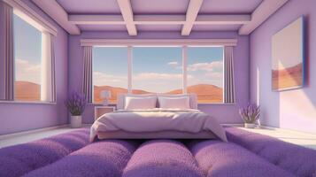 génératif ai, fantaisie violet se détendre pièce avec rêveur lit et magnifique paysage avec des nuages. chambre dans calme lavande et violet couleurs. photo
