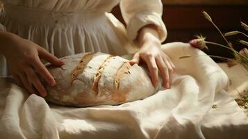 génératif ai, boulanger prépare pain ou boulangerie à le Accueil cuisine, écologiquement Naturel des pâtisseries. photo