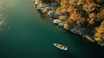 génératif ai, bateau à le calme Lac dans l'automne avec serein l'eau autour, tomber paysage photo