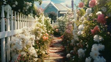 génératif ai, magnifique été privé jardin avec beaucoup fleurs et végétaux, la nature paysage, Anglais campagne chalet style photo