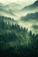 génératif ai, brumeux sapin forêt magnifique paysage dans branché ancien rétro style, brumeux montagnes et des arbres. photo