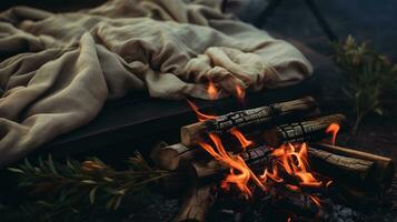 génératif ai, brûlant feu dans le soir, camping Extérieur concept dans neutre en sourdine couleurs, touristique camp photo