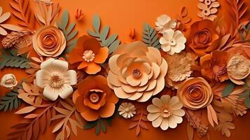 génératif ai, papier Couper artisanat fleurs et feuilles, abricot écraser Orange couleur, origami texturé arrière-plan, printemps ambiance. floral Cadre mise en page. photo