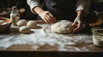 génératif ai, boulanger prépare pain ou boulangerie à le Accueil cuisine, écologiquement Naturel des pâtisseries. photo