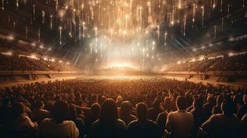 génératif ai, gens foule sur la musique Roche Festival concert dans stade, gros étape allumé par projecteurs. photo