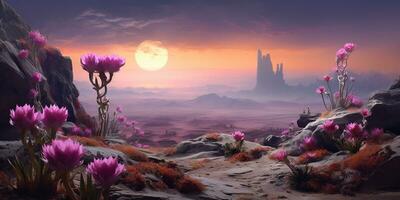 génératif ai, psychédélique et surréaliste paysage avec cactus dans le désert. paysage de le sauvage Ouest photo