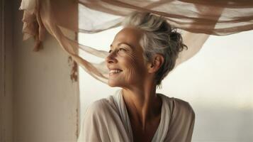 génératif ai, fermer de magnifique Sénior souriant femme, bonheur regarder, esthétique en sourdine neutre couleurs photo