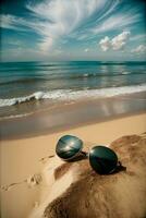 une paire de des lunettes de soleil séance sur Haut de une sablonneux plage. ai généré photo