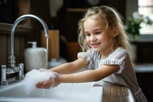 fille lavages le sien mains avec savon et l'eau photo