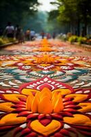 élaborer symétrique rangoli dessins embrassement le sol pendant vivace diwali célébrations photo
