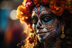 femme orné avec vif sucre crâne maquillage pendant journée de le mort festivité photo