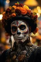 squelette à thème visage La peinture pendant journée de le mort fête Contexte avec vide espace pour texte photo