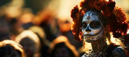 catrinas procession dans traditionnel tenue pendant journée de le mort Contexte avec vide espace pour texte photo