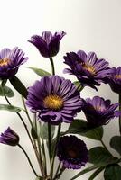 une vase rempli avec violet fleurs sur Haut de une tableau. ai généré photo
