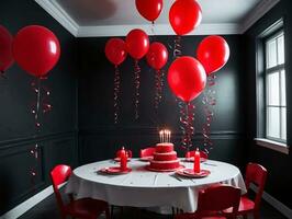 une blanc table surmonté avec une gâteau et rouge des ballons. ai généré photo