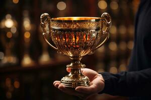 proche en haut de une Masculin avocat en portant une d'or trophée Coupe. génératif ai photo