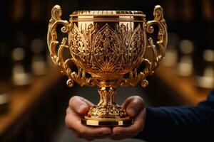 proche en haut de une d'or trophée dans le mains de la personne génératif ai photo