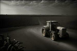 une noir et blanc photo de une tracteur sur une saleté route. ai généré