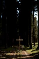 une traverser séance dans le milieu de une forêt. ai généré photo