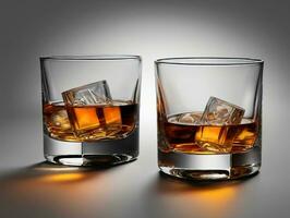 deux des lunettes de whisky avec la glace cubes dans eux. ai généré photo