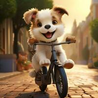 mignonne et Animé chien équitation une bicyclette et une peu souriant visage magnifique Contexte photo