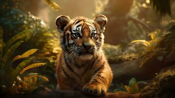 mignonne peu tigre petits se détendre dans le jungle dans le Matin de ensoleillé journée avec brillant Soleil lumière. génératif ai photo