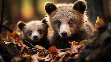 deux marron ours dans le forêt en haut fermer. faune scène de printemps nature, ai génératif photo