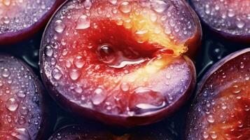 génératif ai, brillant tranche de juteux mûr prune et l'eau gouttes, macro de été fruit photo