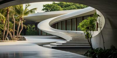 génératif ai, moderne luxe maison avec luxuriant tropical jardin. villa, Hôtel station balnéaire, architectural la photographie dans le style de futuriste courbes photo