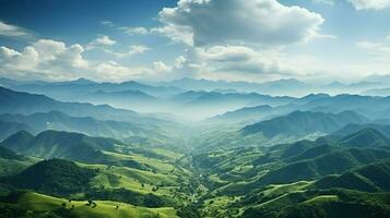 montagnes en dessous de brouillard dans le Matin incroyable la nature paysage , ai génératif photo