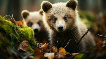 deux marron ours dans le forêt en haut fermer. faune scène de printemps nature, ai génératif photo