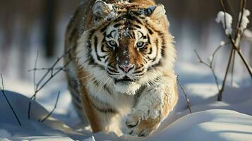 tigre dans sauvage hiver nature, fonctionnement dans le neige. action faune scène avec dangereux animal. du froid hiver dans taïga , ai génératif photo