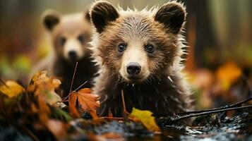 deux marron ours dans le forêt en haut fermer. faune scène de printemps nature, ai génératif photo