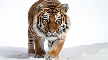 tigre dans sauvage hiver nature, fonctionnement dans le neige. action faune scène avec dangereux animal. du froid hiver dans taïga , ai génératif photo