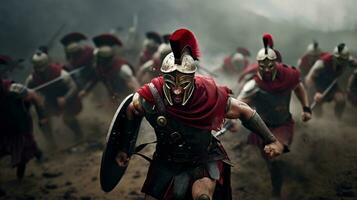 génératif ai, réaliste illustration de une féroce gladiateur attaquer, en cours d'exécution. blindé romain gladiateur dans combat maniant une épée mise en charge vers le sien ennemi. photo