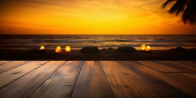 génératif ai, tropical été le coucher du soleil plage bar Contexte. en bois table Haut produit afficher vitrine vide organiser. photo