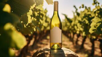 génératif ai, blanc du vin bouteille moquer en haut sur vineyrad paysage dans le soleil, chape espace et endroit pour logo photo