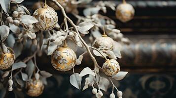 génératif ai, noël et Nouveau année des balles dans le sapin arbre branches, vacances concept, de fête hiver saison Contexte photo