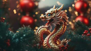 chinois dragon sur une Noël Contexte. vacances bannière. Nouveau année 2024 photo