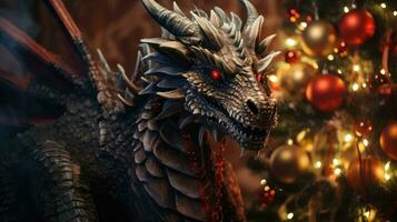 fantaisie dragon sur une flou Noël Contexte. Nouveau année fête. photo