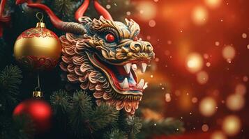 chinois dragon sur une Noël Contexte. vacances bannière. Nouveau année 2024 photo