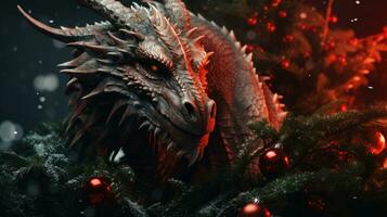 fantaisie dragon sur une flou Noël Contexte. Nouveau année fête. photo