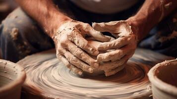 génératif ai, mains avec argile fabrication de une céramique pot dans le poterie studio, loisir et loisir concept photo