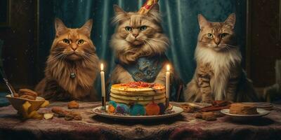 génératif ai, chat anniversaire faire la fête, gâteau avec une bougies photo