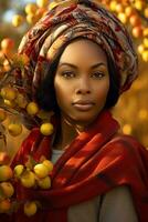 photo de émotif dynamique pose africain femme dans l'automne ai génératif