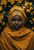 photo de émotif dynamique pose africain femme dans l'automne ai génératif