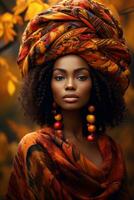 photo de émotif dynamique pose africain femme dans l'automne ai génératif